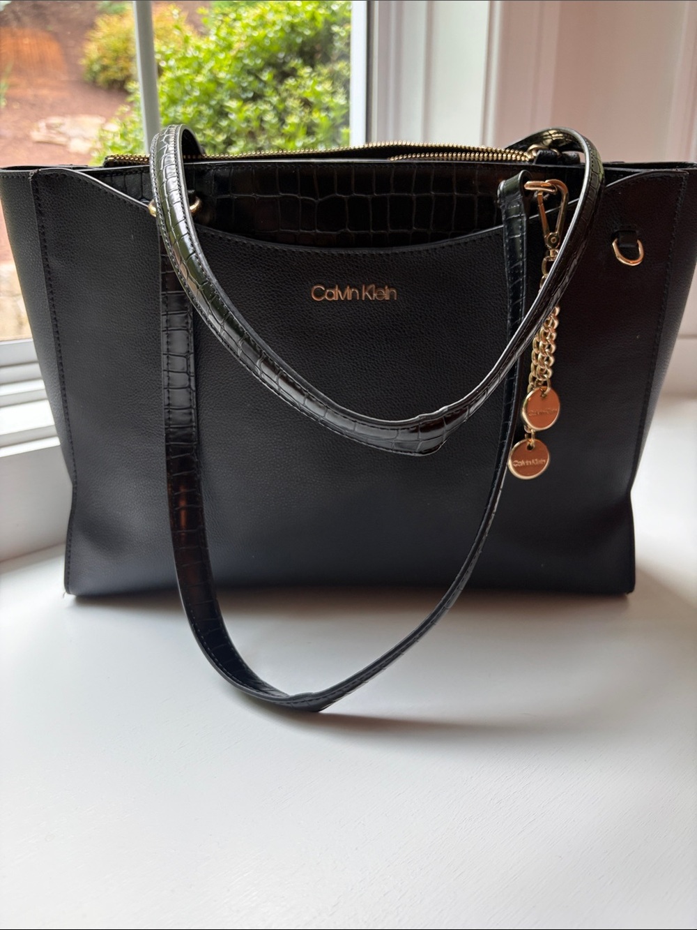 Calvin Klein Black Tote with Gold Charm Accents